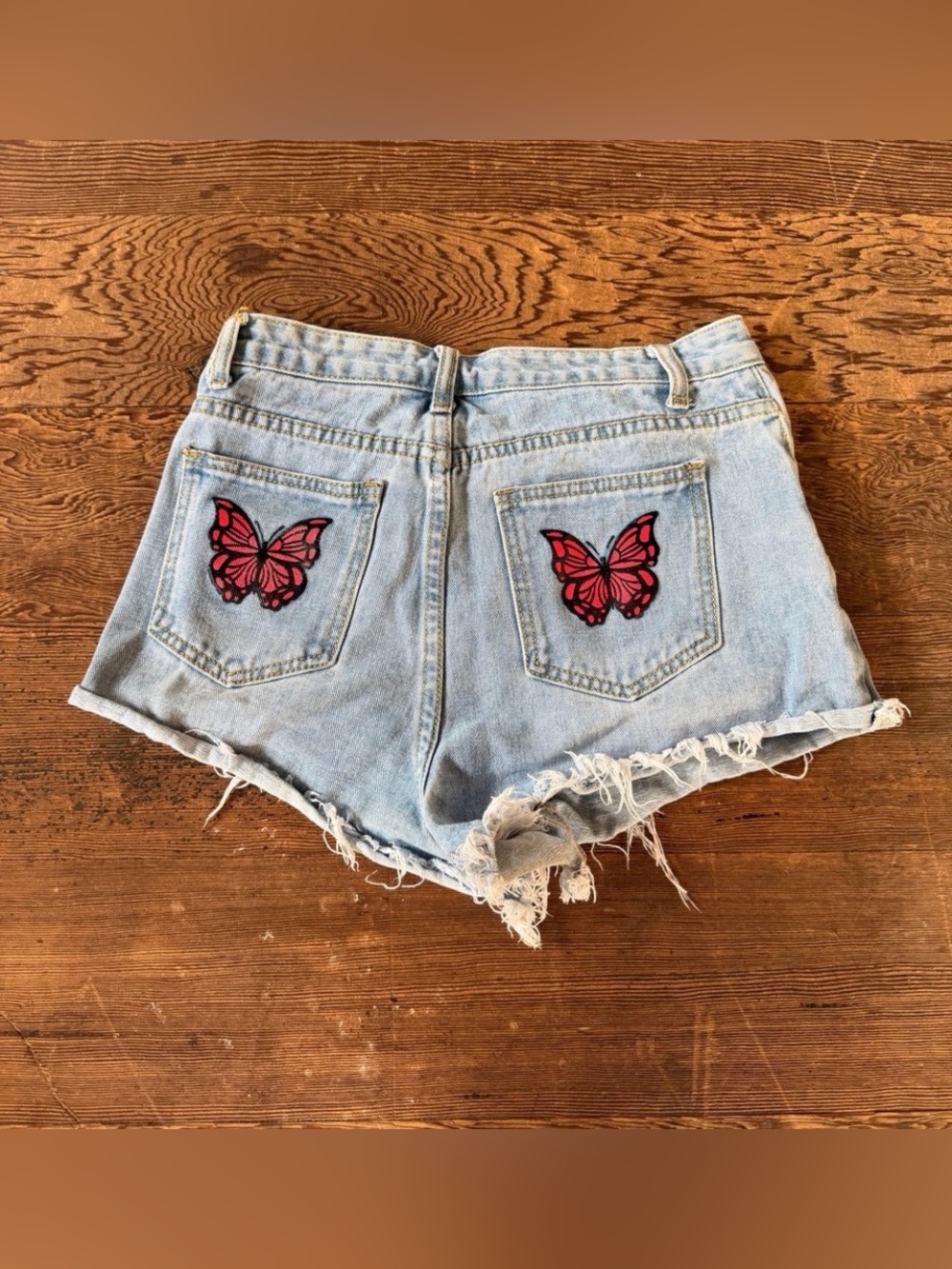SHEIN Light Blue Denim Shorts with Red Butterfly Patches Size XS